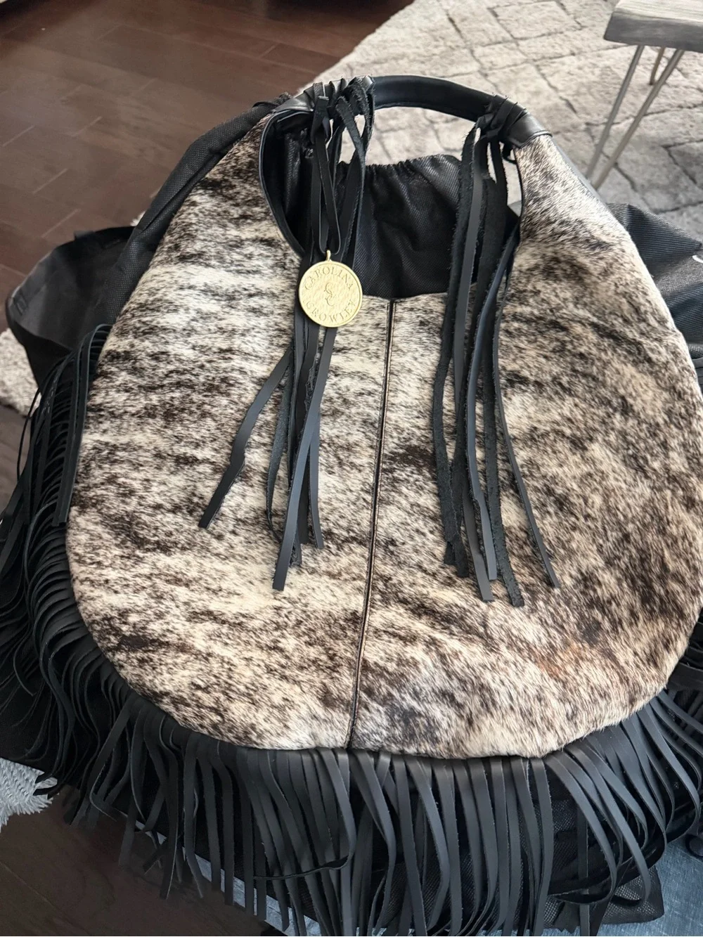 Fringed Cowhide Hobo Bag in Brown and Black